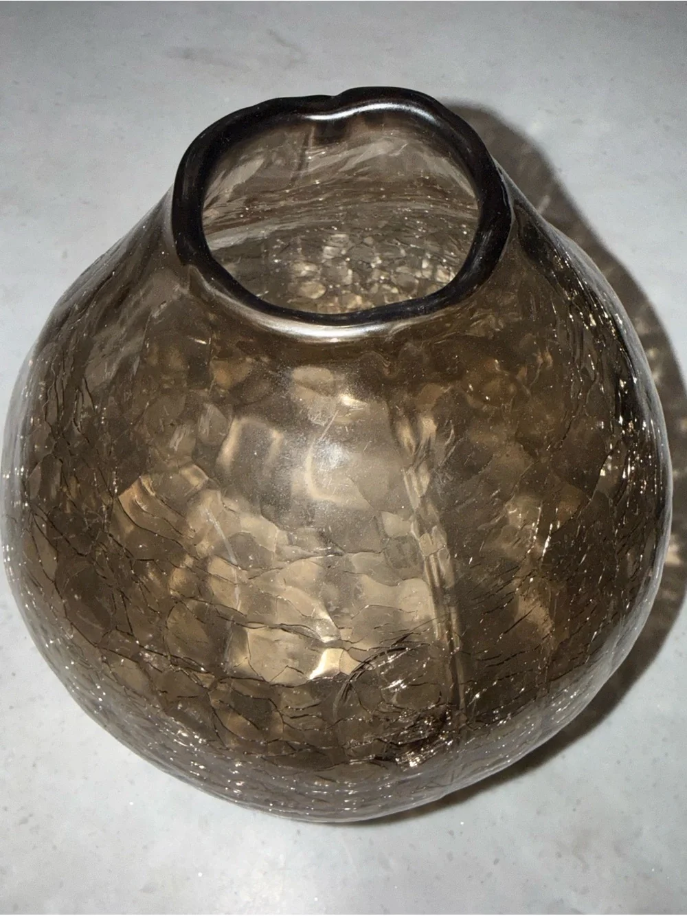 Anthropologie Smoky Gray Crackle Glass Vase 7” Tall 5” Wide Bulbous Hand Blown